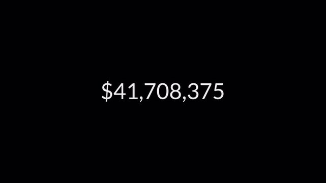 Dollar counting animation from zero to seventy five million on a black background, 0 to 75,000,000 dollar money counter animation with alpha channel in 4k.