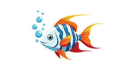 Fototapeta premium Colorful tropical fish with blue stripes and orange fins swimming in the water with rising bubbles on a white background.