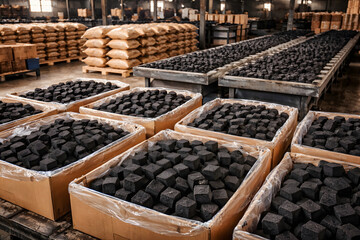 factory-made charcoal briquettes ready for packaging