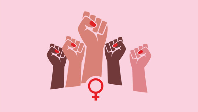 Illustration of five raised fists in solidarity with female gender symbol on light pink background international womens day