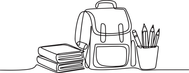school set consisting of a backpack school stack of books and pencils in an organizer drawn.one line vector icon illustration