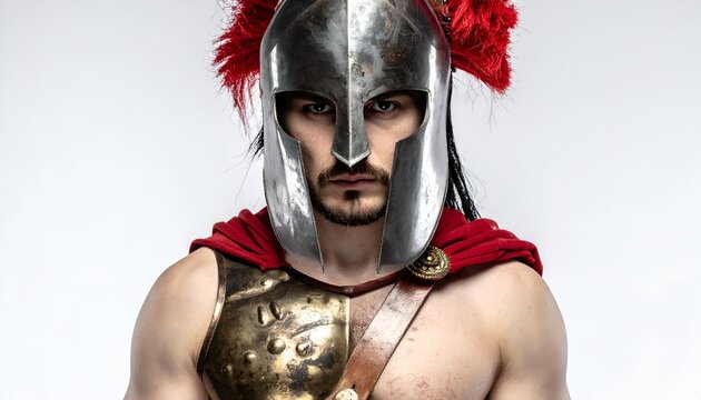 Man in Spartan attire metal helmet with red plume, cape, chest plate, determined expression, white background