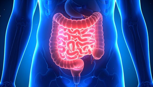 Luminous human body anatomy with bright red intestines highlighted on a blue background, illustrating the digestive system