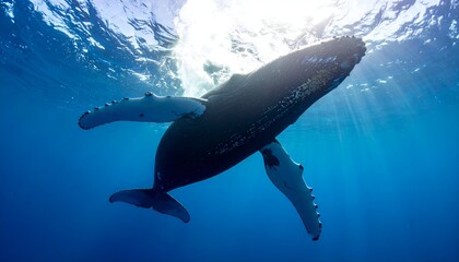 Obraz premium Humpback whale swims upward in clear blue ocean waters, illuminated by sunlight filtering through the surface
