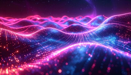 Fototapeta premium Luminous pink and blue abstract wave landscape, twinkling with glowing particles, resembling digital data flow