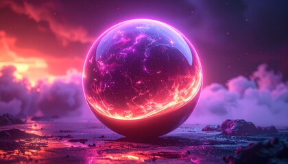 Luminous orb glows with fiery, purple energy atop a textured surface under a vivid, cloudy sky
