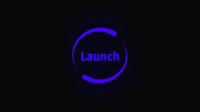 Launch Button Circular Loading Animation with Neon Glow. Glowing Blue Circular Loading Progress 0 to 100 Percent on Black Background 4k video.