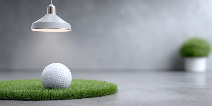 Small round lawn with white golf ball illuminated by lamp