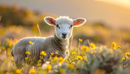 Obraz premium Lamb in a flower field, illuminated by golden sunlight. Sweet young wooly animal staring at camera