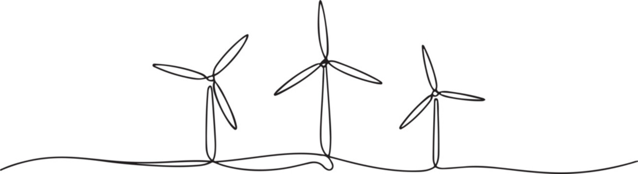 Continuous one line drawing set windmills or wind turbines hand drawn.one line vector icon illustration