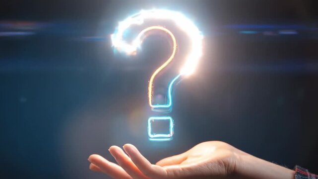 Womans hand holding a glowing question mark, light emanating, symbolizing discovery and curiosity for innovation and problem solving.