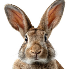 Obraz premium PNG of A fluffy brown rabbit with large ears looking directly at the camera.