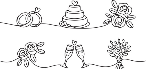 Obraz premium Wedding set icons hand drawn.one line vector icon illustration