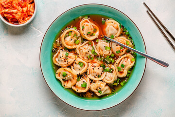 Dumplings served in a bowl with broth and green onions.