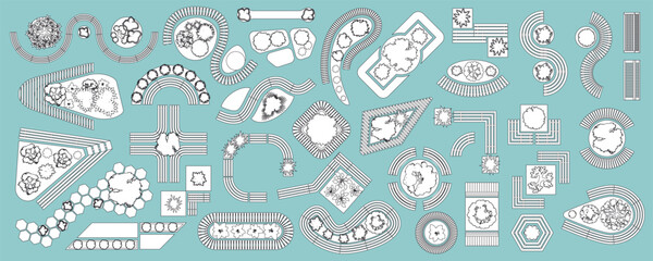 Set of linear icons. Outdoor furniture and patio items. Top view. Isolated vector Illustration. Tables, benches, chairs, flower bed, plants (view from above).  Aerial. Park design. © Алексей Шпадарук