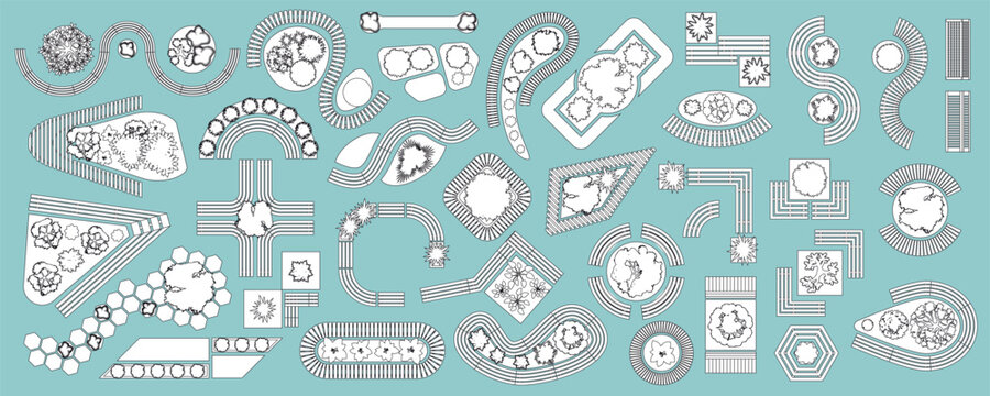 Set of linear icons. Outdoor furniture and patio items. Top view. Isolated vector Illustration. Tables, benches, chairs, flower bed, plants (view from above).  Aerial. Park design.