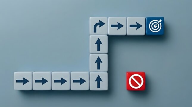Strategic path finding using directional blocks illustrates the correct sequence to achieve the final business objective successfully.