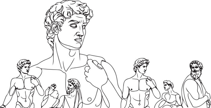 One line greece mythology sculptures. Ancient greek statues hand drawn single continuous line, David head torso.one line vector icon illustration