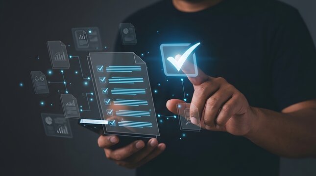 Close-up of a business professional interacting with digital holographic documents, confirming successful task completion with a large checkmark icon.