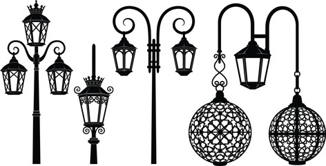 Ornate street lamp silhouettes, hanging lantern designs, decorative outdoor lighting, vintage pole artwork, spherical lantern patterns, black silhouette artwork, flat vector illustration © TOMSINA