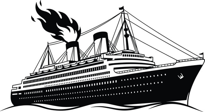Vintage Ocean Liner Silhouette Featuring a Large Steamship with Smoking Funnels for Maritime History Luxury Cruise Travel Nautical Transportation and Transatlantic Voyage Illustrations