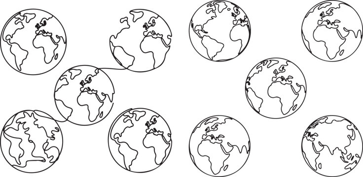 One line globe. Planet earth, global map sketch and hand drawn world globes.one line icon illustration