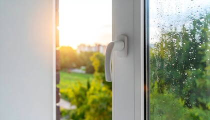 Open white window frames a green outdoor scene and raindrops on the glass. Soft golden sunlight glows