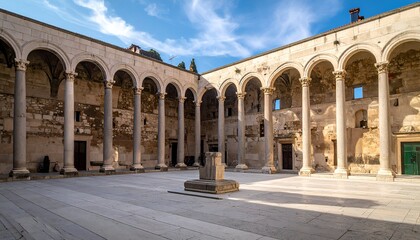 Open-air courtyard with tall columns and arches, bathed in sunlight, creates an airy, historical architectural space