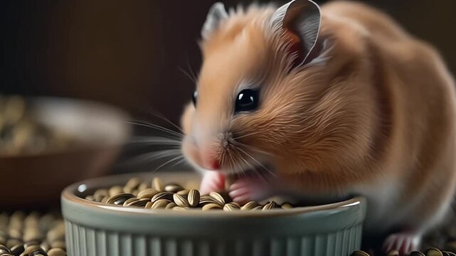 A cute fluffy hamster sitting in a glass bowl eating food on a white background
