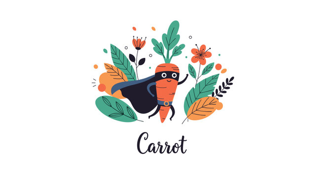 Brave superhero carrot wearing a mask and cape surrounded by colorful leaves and flowers in a cute design.