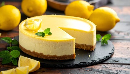 Lemon cheesecake on slate board, slice removed, surrounded by lemons and mint on rustic wooden surface