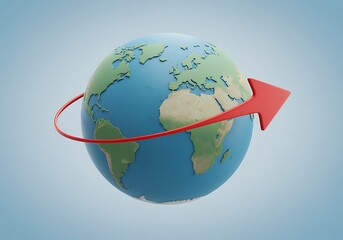 3D Illustration of Earth Showing Rotational Movement Around Its Axis with Red Arrow Path