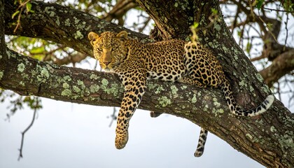 Leopard lounges on lichen-covered tree branch, its spotted coat contrasting with the bright sky