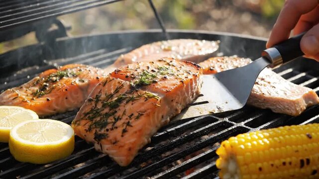 A_closeup_photograph_of_salmon_and_corn_on_cob_being_grilled_on_a_barbecue_grill