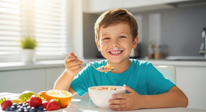 A young boy enjoying breakfast with fruits and cereal in a bright kitchen setting