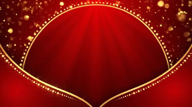 Rich red background with golden curved lines and light rays. Abstract design, elegant, luxury feel
