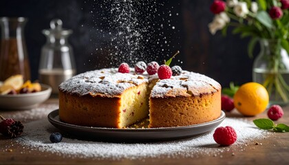 Powdered sugar falls over a fresh cake, topped with raspberries, on a table with fruit and flowers as accents