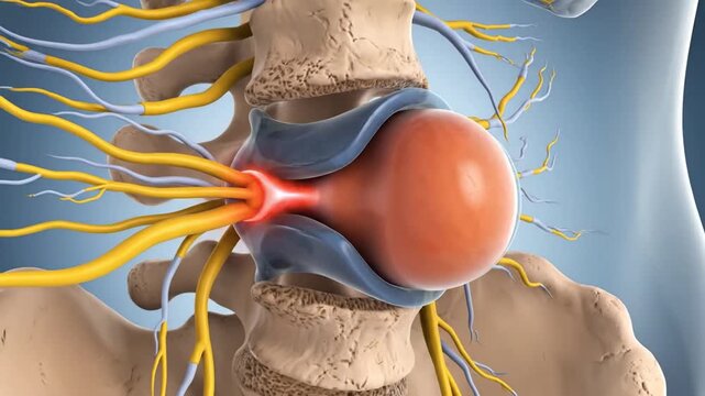 Detailed illustration of herniated disc compressing spinal nerves