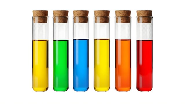 Six colorful test tubes filled with different liquids on transparent background