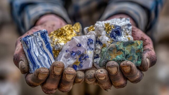 226Macro view of hand presenting mineral specimens, rich colors of quartz, pyrite, and malachite, dirt-streaked fingers, natural resource and mining concept