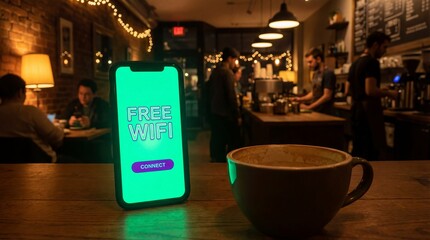 Smartphone displaying free WiFi on a coffee shop table with a coffee cup
