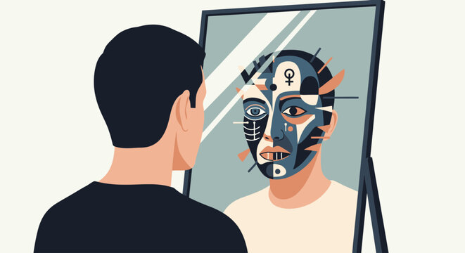 Man with distorted reflection in mirror
