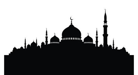 Islamic mosque silhouette with domes and minarets on white background © Jomila