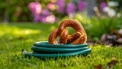 Pretzel rests on a coiled green garden hose in a vibrant green lawn with pink blossoms in the background