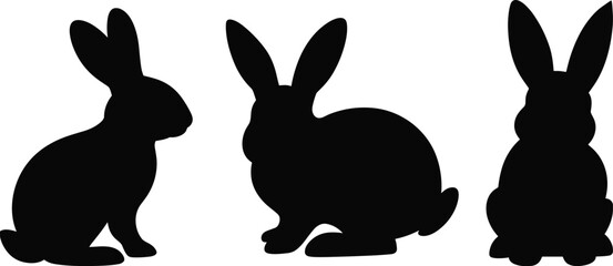 Rabbit silhouette collection, black bunny shapes set, animal illustration, minimalist design, wildlife icon, cute pet concept, isolated white background vector
