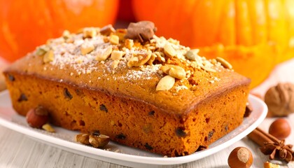 Pumpkin loaf cake topped with nuts and sugar, sits on a white plate, pumpkins, nuts, and cinnamon sticks blurred behind