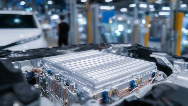 274Close-up of modular lithium battery cells inside electric vehicle, metallic casing and connected busbars, studio lighting emphasizing advanced energy storage technology