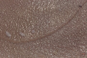 Close-up view of water flowing over wet sand, creating dynamic, natural patterns, featuring ripples and reflections of sunlight on the shallow water, Saaremaa, Estonia, Europe.