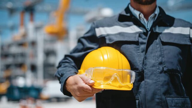 314Close-up of a construction worker&rsquo;s hand gripping a yellow hard hat and safety glasses, sunlight glinting off helmet surface, blurred construction site in background, industrial sa