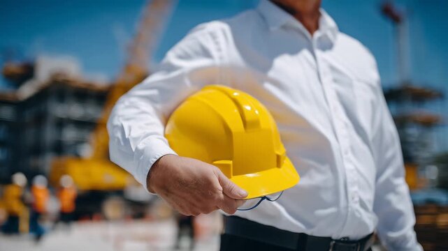 316Close-up of a construction worker&rsquo;s hand gripping a yellow hard hat and safety glasses, sunlight glinting off helmet surface, blurred construction site in background, industrial sa